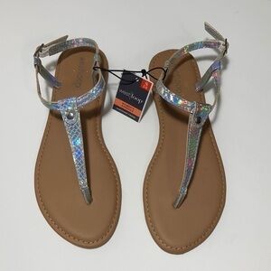 silver snakeskin thong sandals small 5/6 Faux shoes flip flops metallic